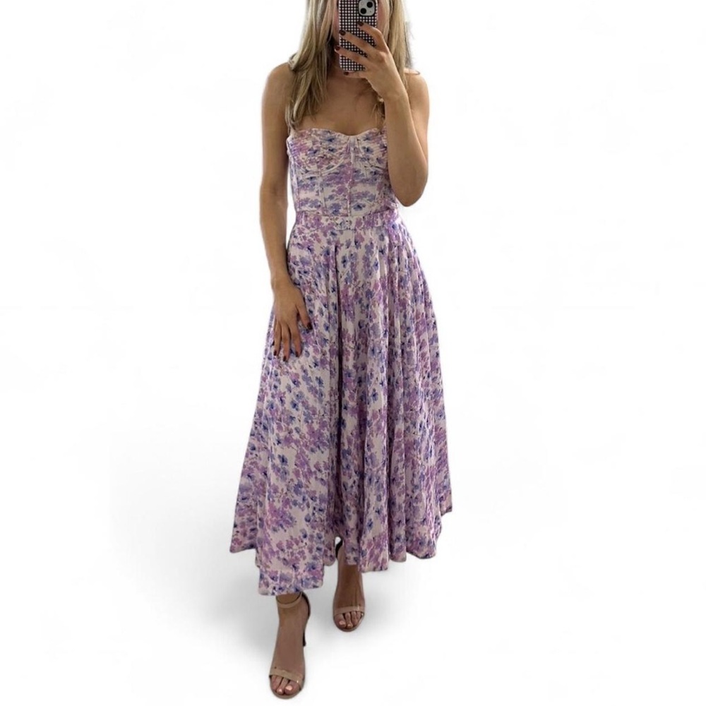 Bardot Mirabelle Set: Strapless Floral Corset Top & A-line Midi Skirt Lavender